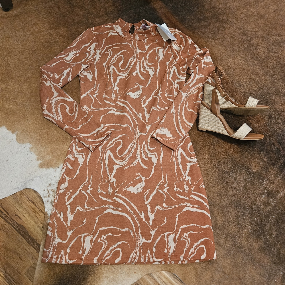 Anthropologie Swirl Patterned Rust Orange Midi Dress Small Medium Nwt